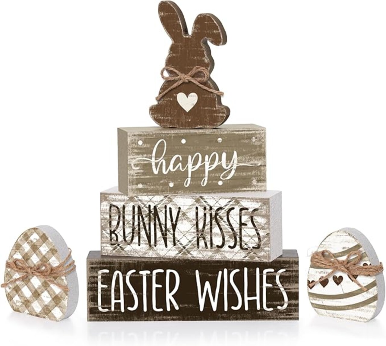 4 Pcs Easter Table Decor Happy Bunny Neutral Easter Egg Tiered Tray Decorations Set Spring Bunny Egg Rustic Farmhouse Wooden Stack Block Signs Party Tabletop Decor for Home Office Gift